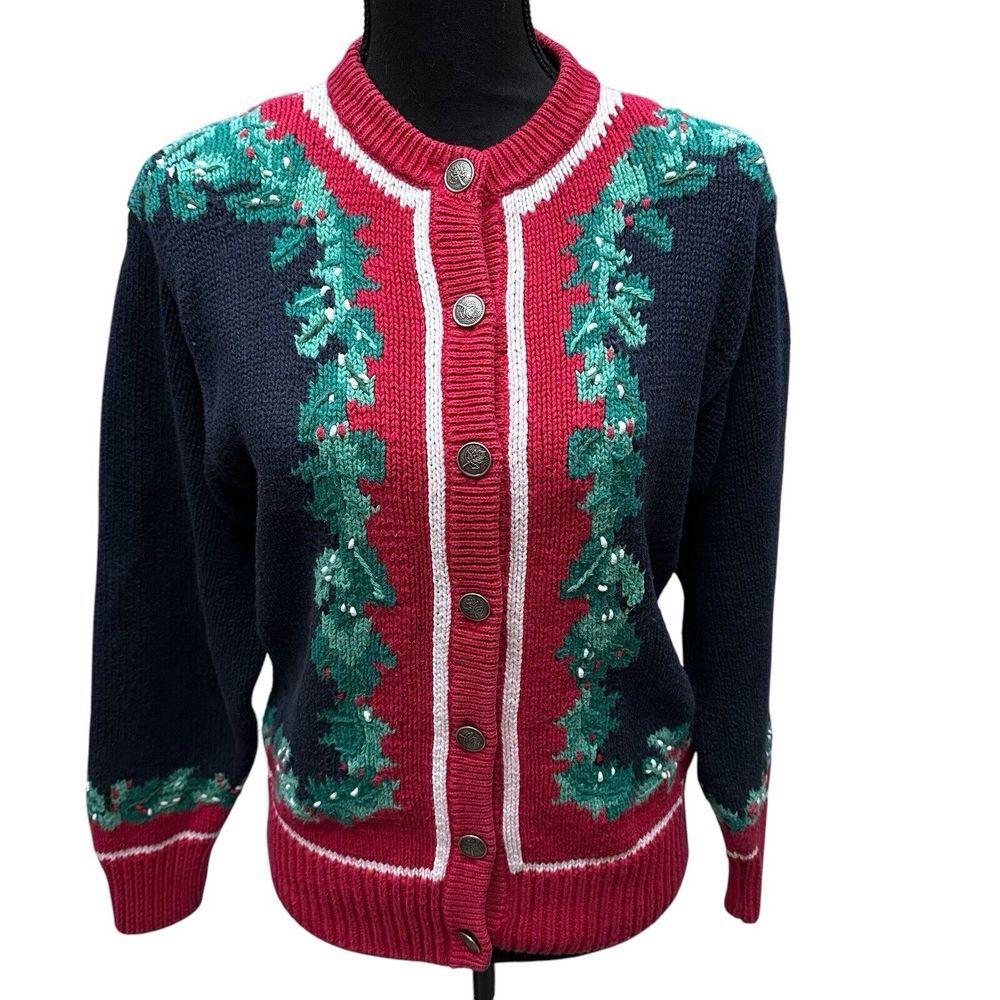 Vintage Women's ORVIS Cotton Christmas Cardigan Sweater Size M Holly Leaf Border